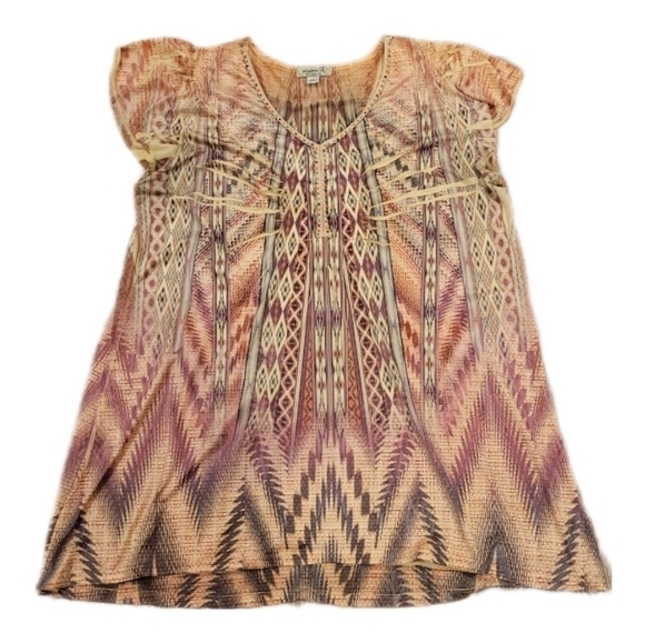 One World Live and let live‎ patterned cap sleeve beaded tunic size Large - Picture 1 of 9